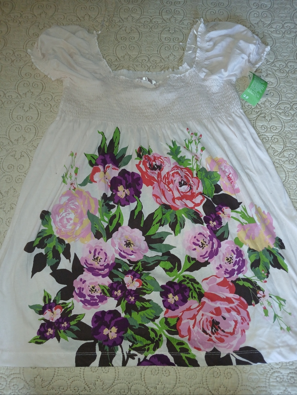 White Floral Smocked Dress with Pink & Purple Blooms Size M